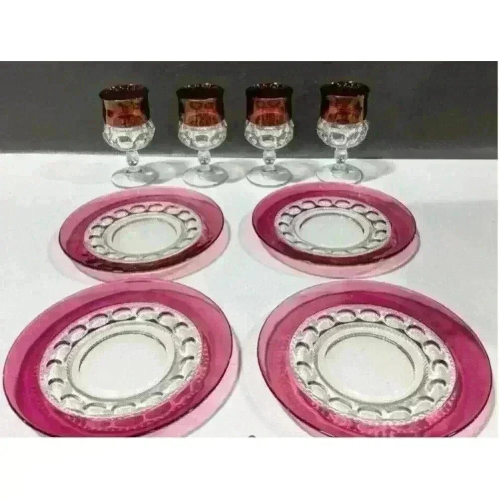 Vintage Tiffin Co Cranberry Kings Crown Glass Goblet & Lunch Plates Set Of 8 - Picture 5 of 6